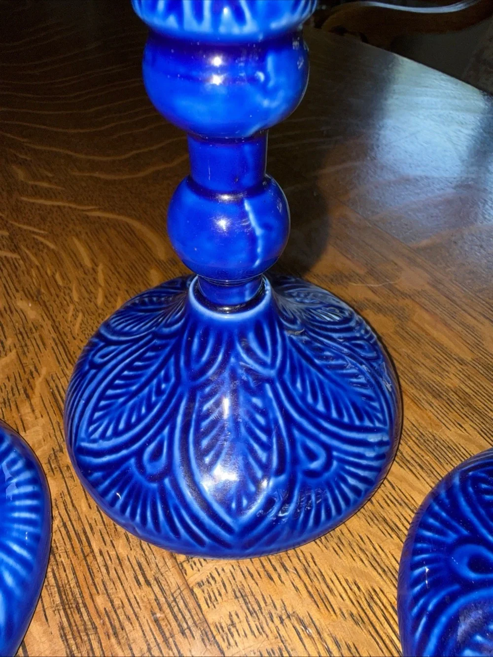 Bright Blue Embossed Ceramic Candlestick Holders - Set of 3